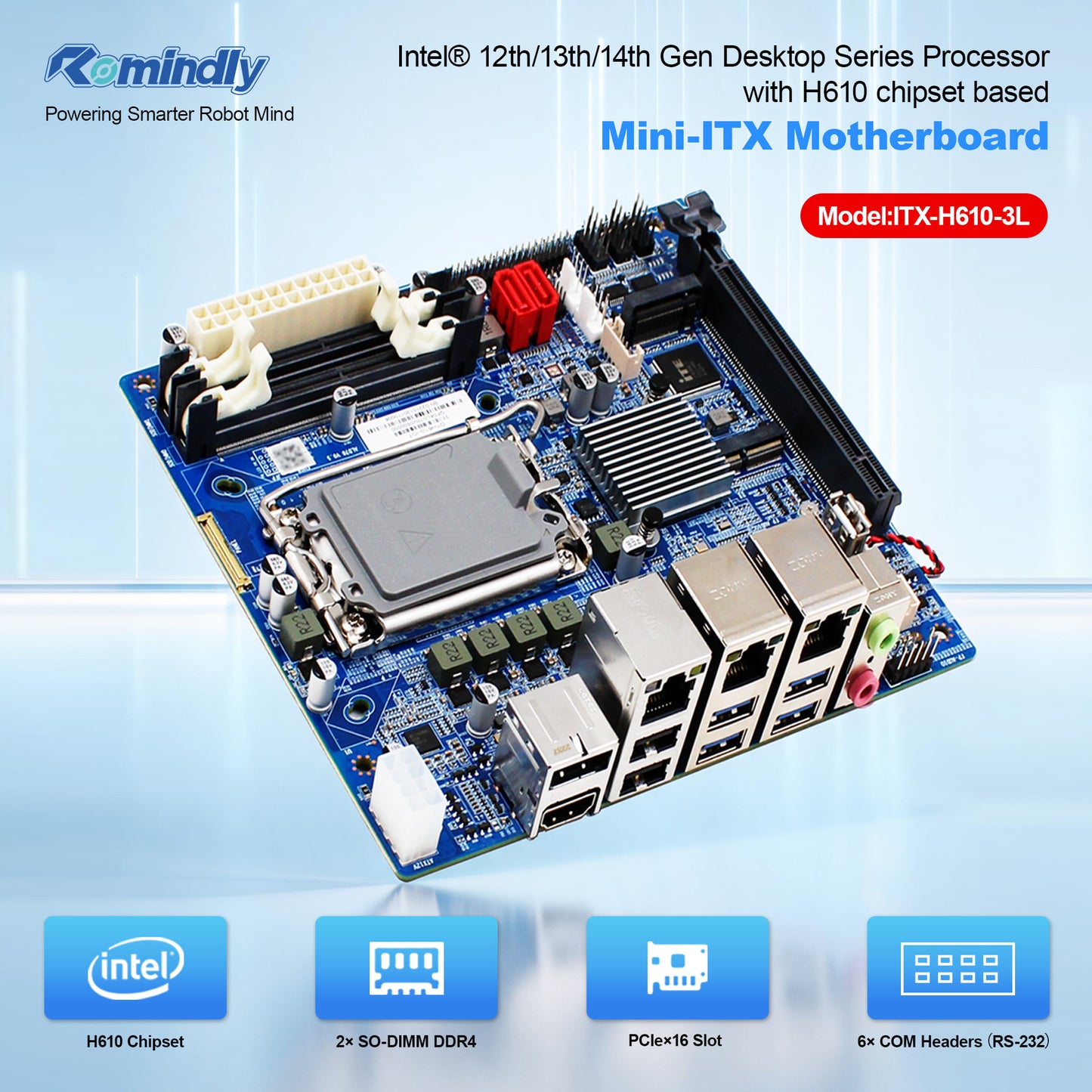 Romindly Mini-ITX H610 Motherboard  DDR4 Dual RAM, Triple LAN Ports 6×COM Custom Original Factory Solution