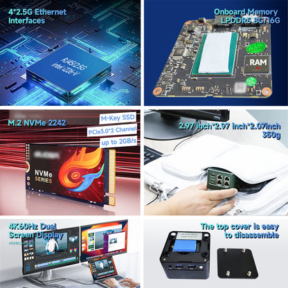 Romindly M1-4L Network Firewall, Intel N150/N300/I3-N305 Mini Desktop Computer 4 LAN 2.5GbE ,HDMI+Type-C 4K Output Mini Desktop Computer