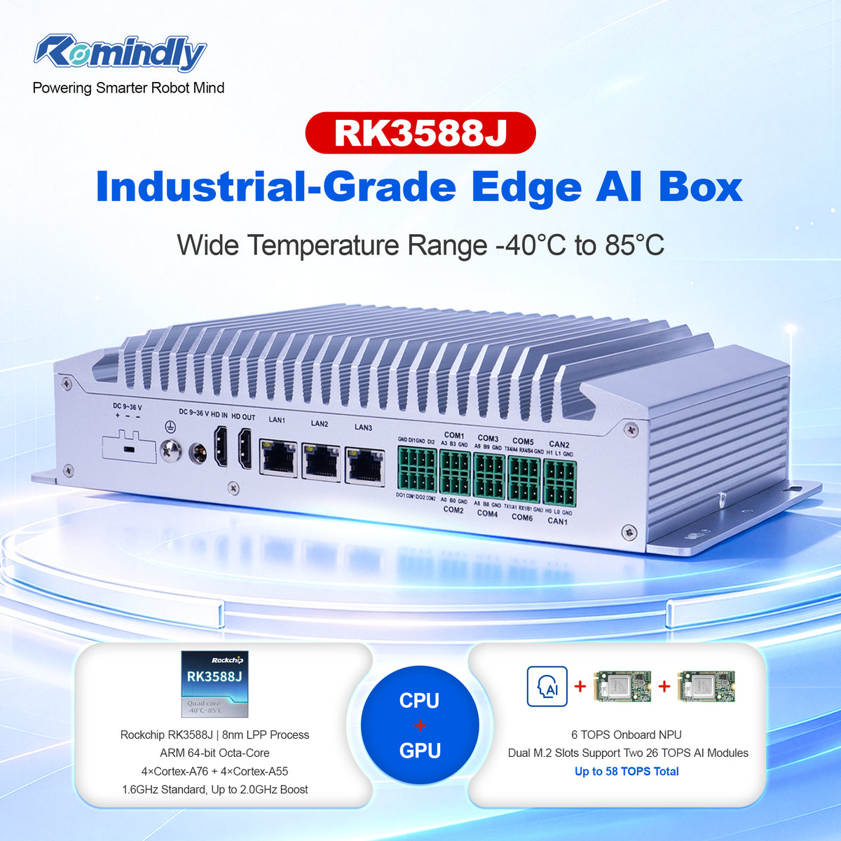 Romindly RK3588J Aluminum Fanless Industrial Mini PC Edge AI Box for Machine Vision Gateway, 8K HDMI, Wide Temp -40°C to 85°C, 6 TOPS NPU Up to 58 TOPS, 3 Gigabit LAN 4G 5G