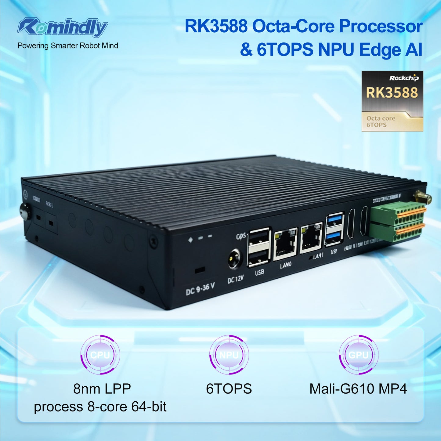 Romindly RK Plus ARM Embedded Rockchip RK3576,AI 6TOPS 6×COM Dual Gigabit Ethernet Ports